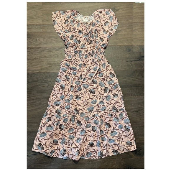 Destination 365 Printed Short Sleeve Midi Dress Smocking Pink Floral M, L or XL - Picture 3 of 4